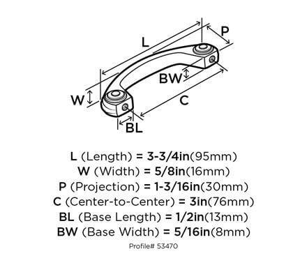 Diagram of dimensions of polished chrome drawer pull with rope carving along the face and swirl at each of the ends
