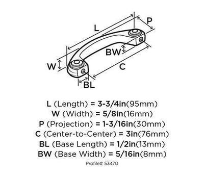 Diagram of dimensions of scroll drawer pull in satin nickel finish with rope accents along the face