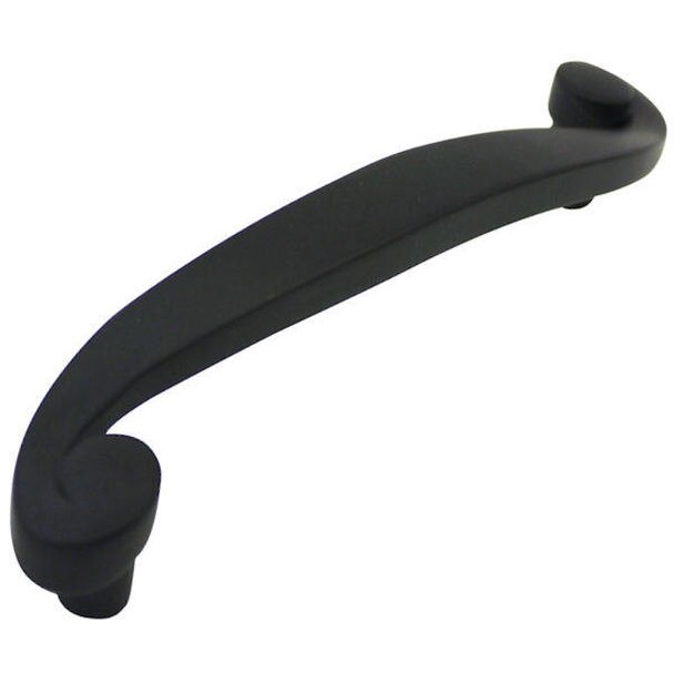 Flat black cabinet pull with swirl design and three and three quarters inch hole spacing