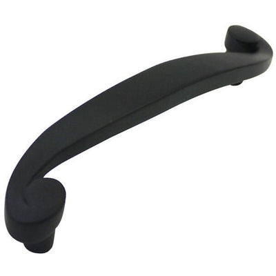 Flat black cabinet pull with swirl design and three and three quarters inch hole spacing