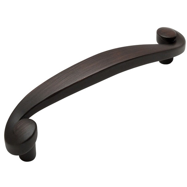 Oil rubbed bronze swirl cabinet drawer pull with three and three quarters inch hole spacing