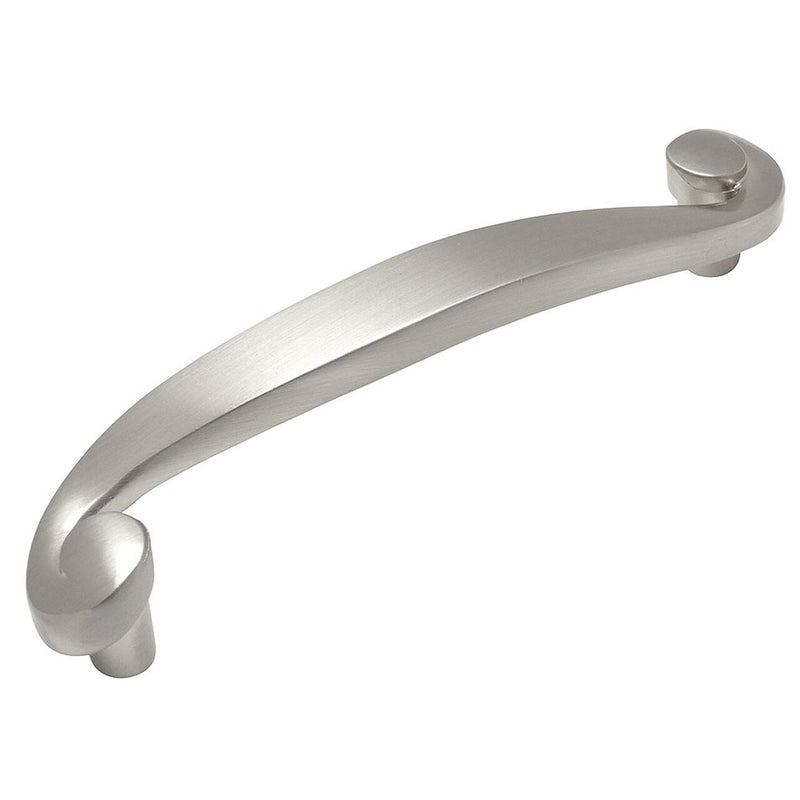 Satin nickel cabinet drawer pull with swirl design and three and three quarters inch hole spacing