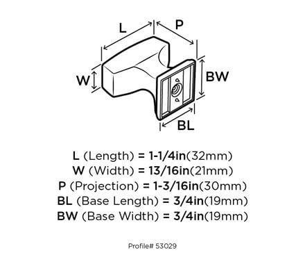 Diagram of dimensions of rectangle drawer knob in oil rubbed bronze finish with slightly raised rectangle at the centre