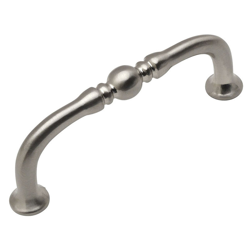 Three inch hole spacing cabinet pull in satin nickel finish with a decorative ball in the middle