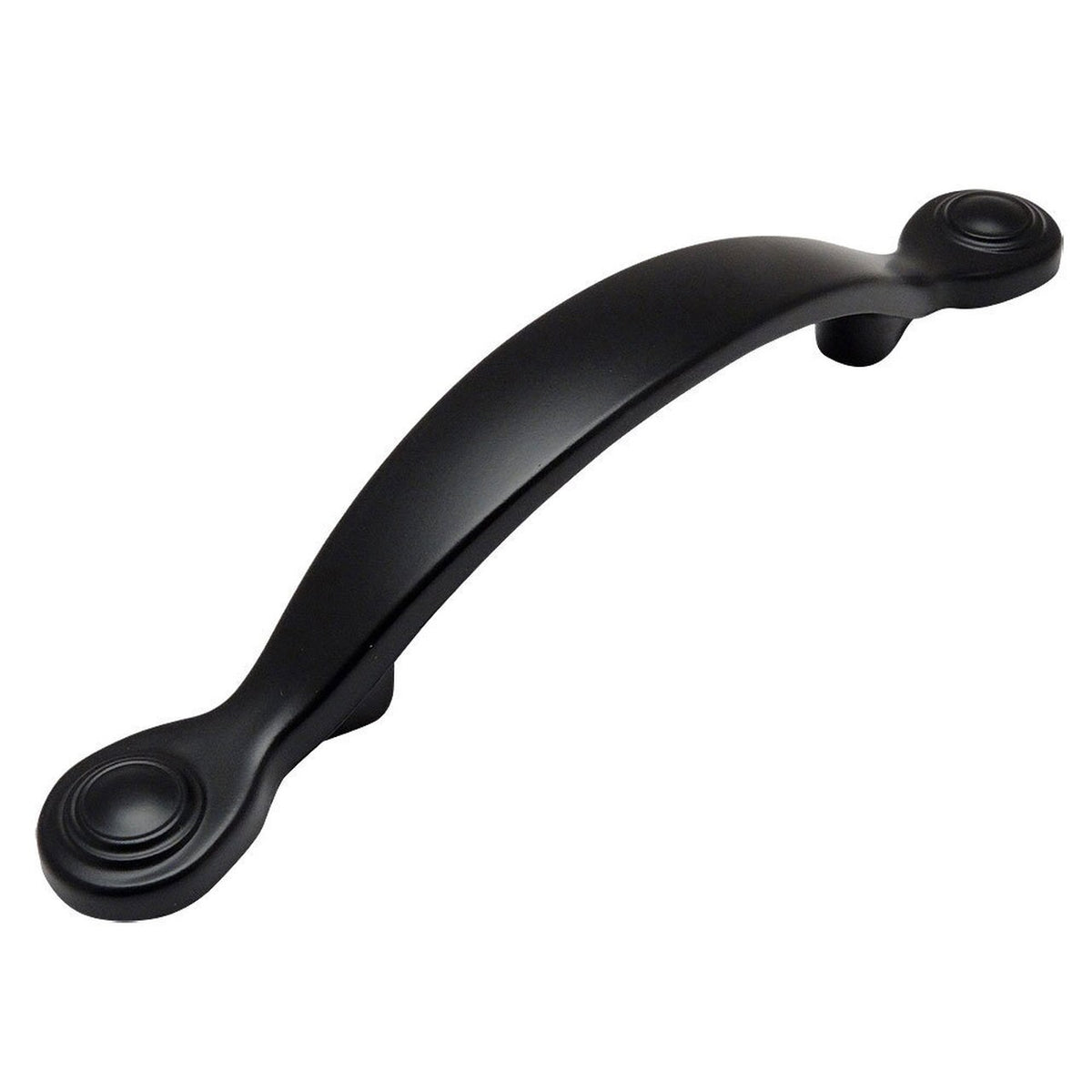 Cabinet pull in flat black finish with arched handle and three inch hole spacing