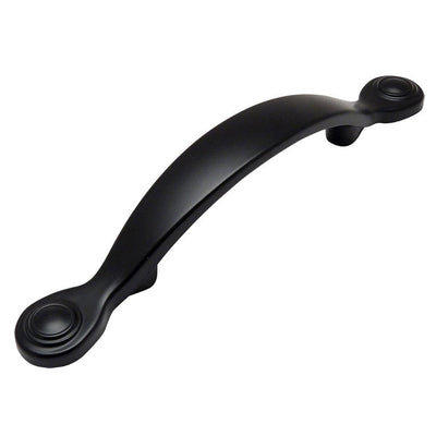 Cabinet pull in flat black finish with arched handle and three inch hole spacing