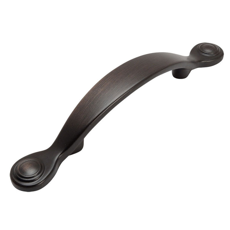 Oil rubbed bronze cabinet pull with arch handle and three inch hole spacing