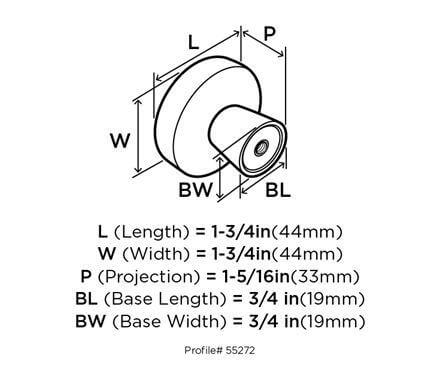 Diagram of dimensions of cabinet knob in oil rubbed bronze finish with striking light and flat surface