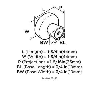 Diagram of dimensions of cabinet knob in oil rubbed bronze finish with striking light and flat surface