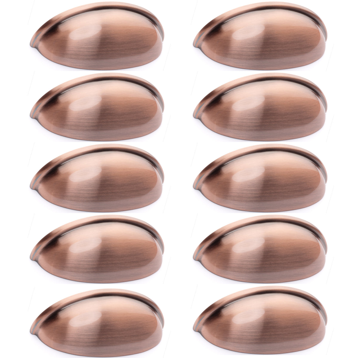 10 pack of copper cabinet bin pulls. The antique copper pulls are used on kitchen cabinets and bathroom vanities.