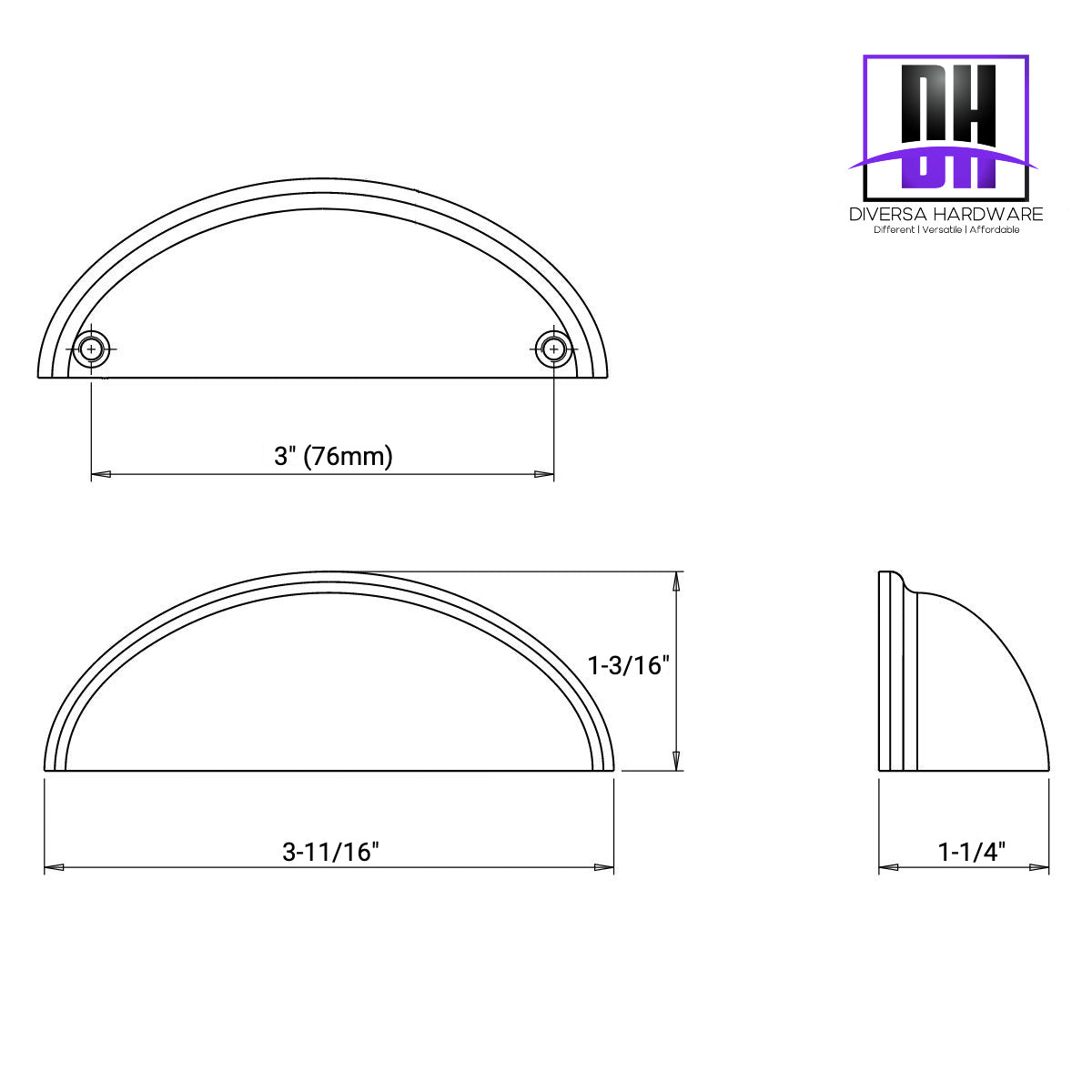 Diversa Matte Black 3&quot; (76mm) Cabinet Cup Pull