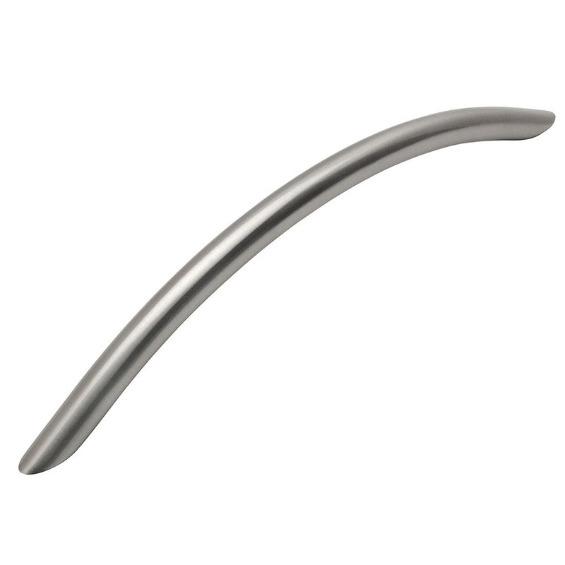 Bow drawer pull in satin nickel finish with six and five sixteenths inch hole spacing