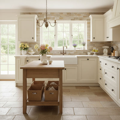 An oil rubbed bronze cabinet knob with a simple, classic design in an enlgish country kitchen 