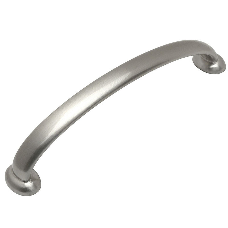 Satin nickel cabinet drawer pull with lower arch design and five inch hole spacing