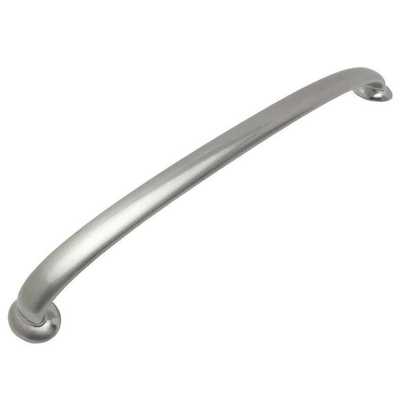 Low arched cabinet pull in satin nickel finish with twelve inch hole spacing