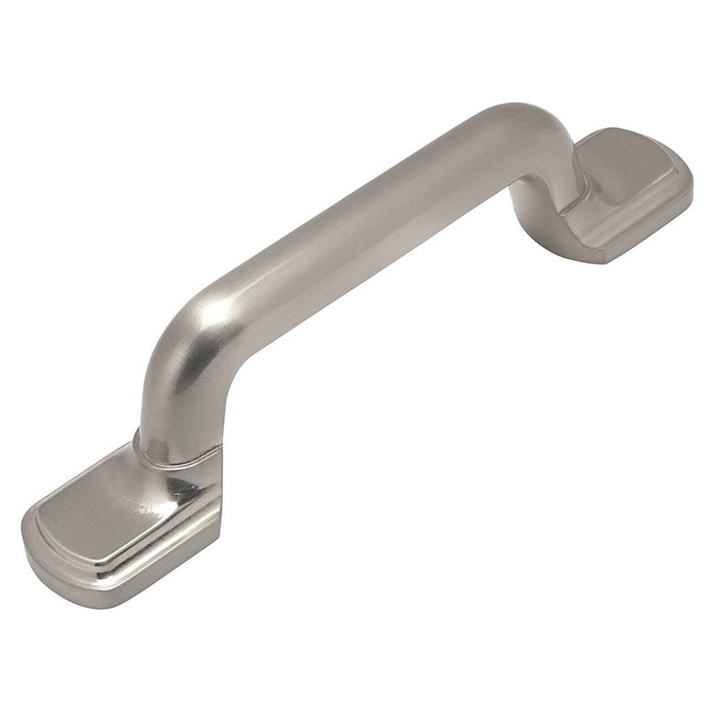 Three inch hole spacing cabinet pull in satin nickel finish with blunt corners