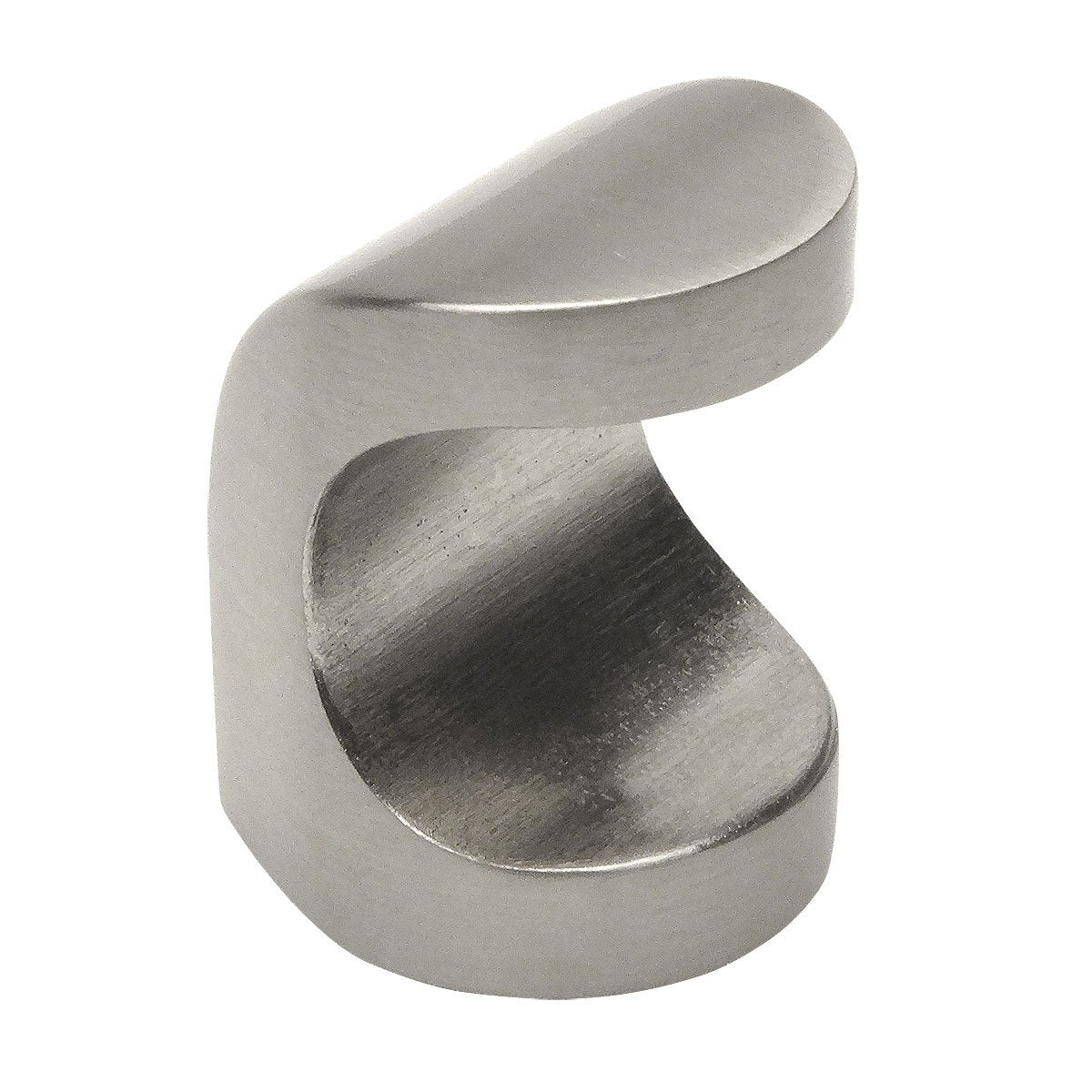 Drawer knob in satin nickel finish with concave side on the face and flat on the back