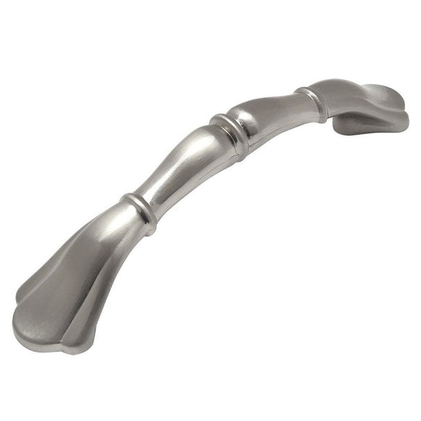 Satin nickel cabinet pull with three inch hole spacing and petals design