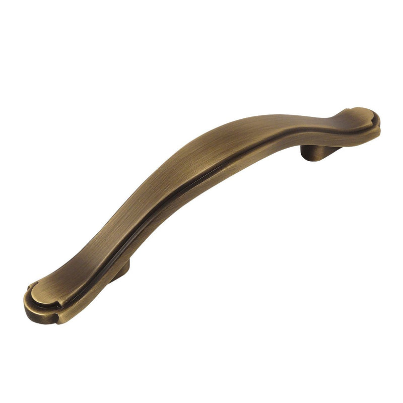 Cabinet pull in brushed antique brass finish with engraving on edge and three inch hole spacing