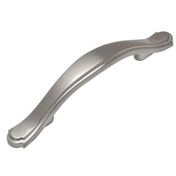 Satin nickel drawer pull with three inch hole spacing and subtle arch