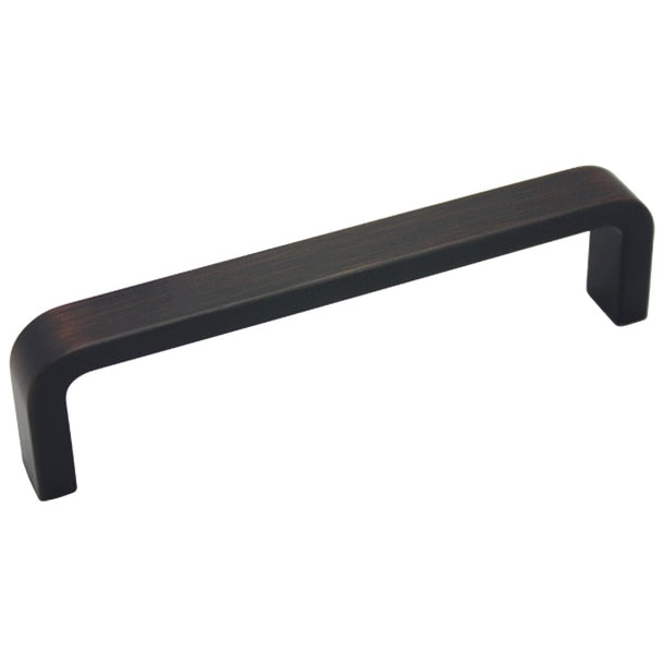 Four inch hole spacing cabinet drawer pull in oil rubbed bronze finish with blunt square design