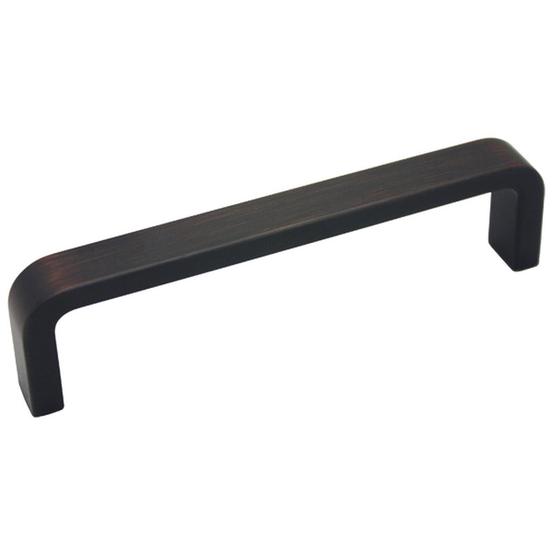 Three and a half inch hole spacing cabinet drawer pull in oil rubbed bronze finish with blunt square design
