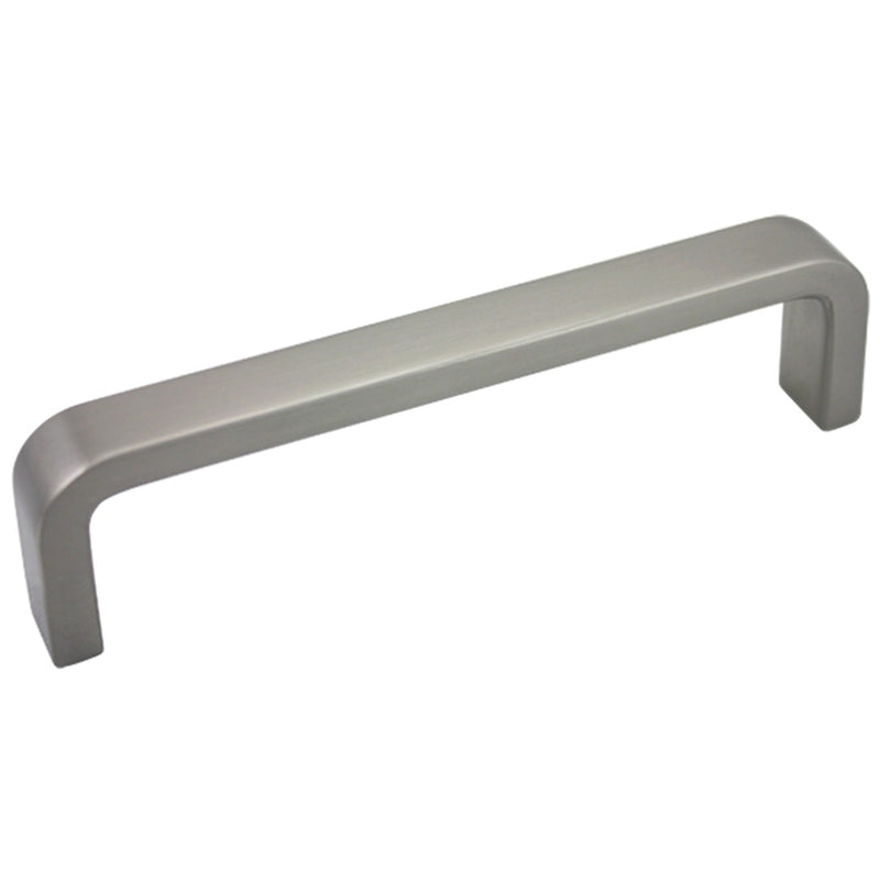 Cabinet pull in satin nickel finish with three and a half inch hole spacing and blunt square design