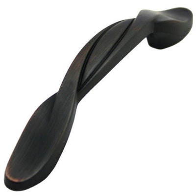 Three inch hole spacing cabinet drawer pull in oil rubbed bronze finish with twist style