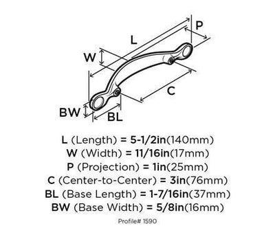 Diagram of dimensions of arched cabinet handle pull in oil rubbed bronze finish with three inch hole spacing