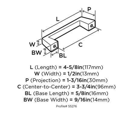 Diagram of dimensions of drawer pull in oil rubbed bronze finish with three and three quarters inch hole spacing
