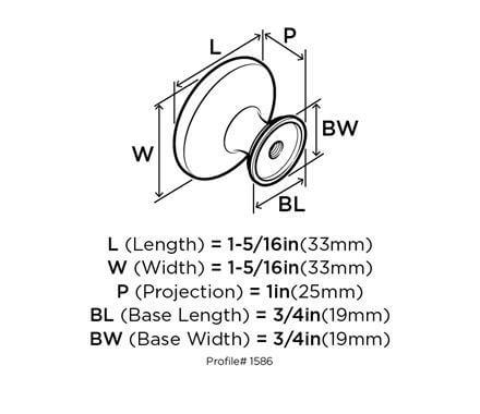 Diagram of dimensions of three rings cabinet knob in oil rubbed bronze finish with one and five sixteenths inch hole spacing