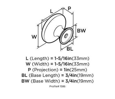 Diagram of dimensions of three rings cabinet knob in oil rubbed bronze finish with one and five sixteenths inch hole spacing