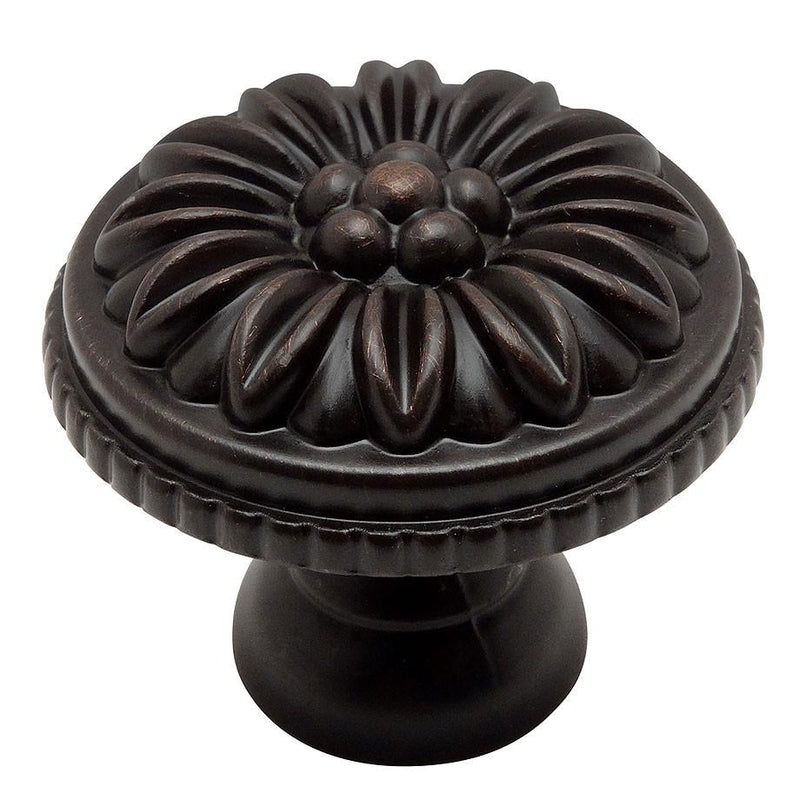 Round cabinet drawer knob in oil rubbed bronze finish with decorative cherry leaves engraving 