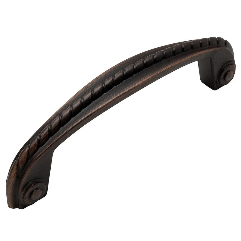 Three and three quarters inch hole spacing cabinet pull with rope design in oil rubbed bronze finish