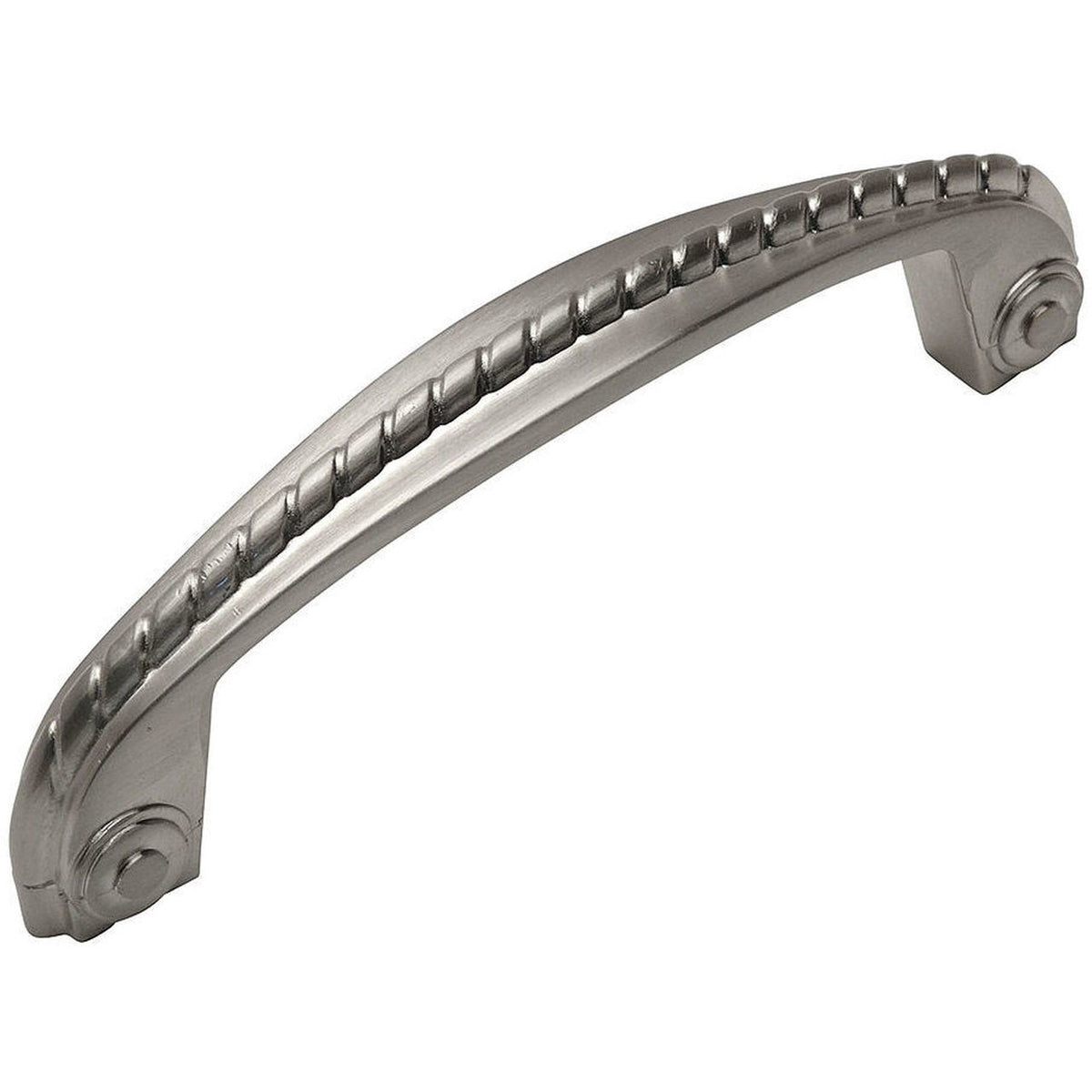 Rope engraving on top of satin nickel cabinet pull with three and three quarters inch hole spacing