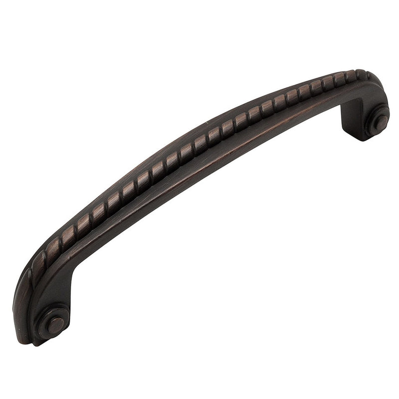 Five inch hole spacing cabinet pull in oil rubbed bronze finish with rope design