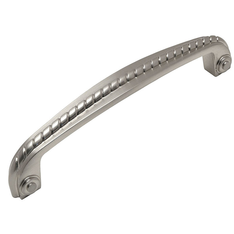 Five inch hole spacing cabinet drawer pull in satin nickel finish with rope design