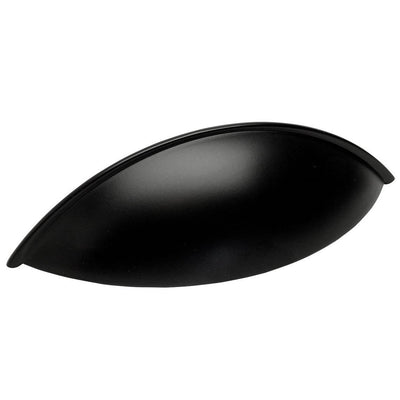Drawer cup pull in flat black finish with three and three quarters inch hole spacing