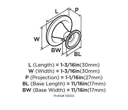 Diagram of dimensions of satin nickel round cabinet knob with raised circle at the centre and one and three sixteenths inch diameter