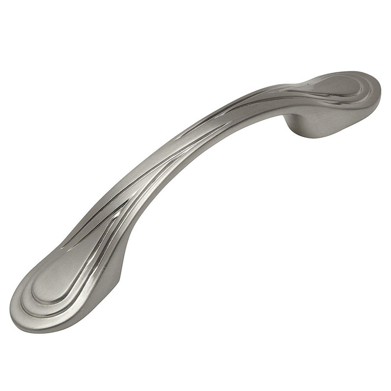 Three inch hole spacing drawer pull with tear drops engraving on top in satin nickel finish
