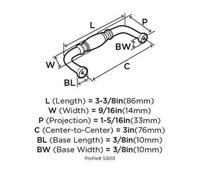 Diagram of dimensions of barrel cabinet pull in oil rubbed bronze finish with three inch hole spacing