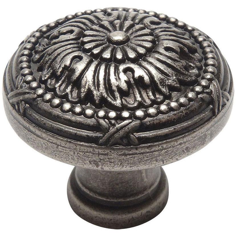 Classic engraving round cabinet knob in weathered nickel with one and a quarter inch diameter