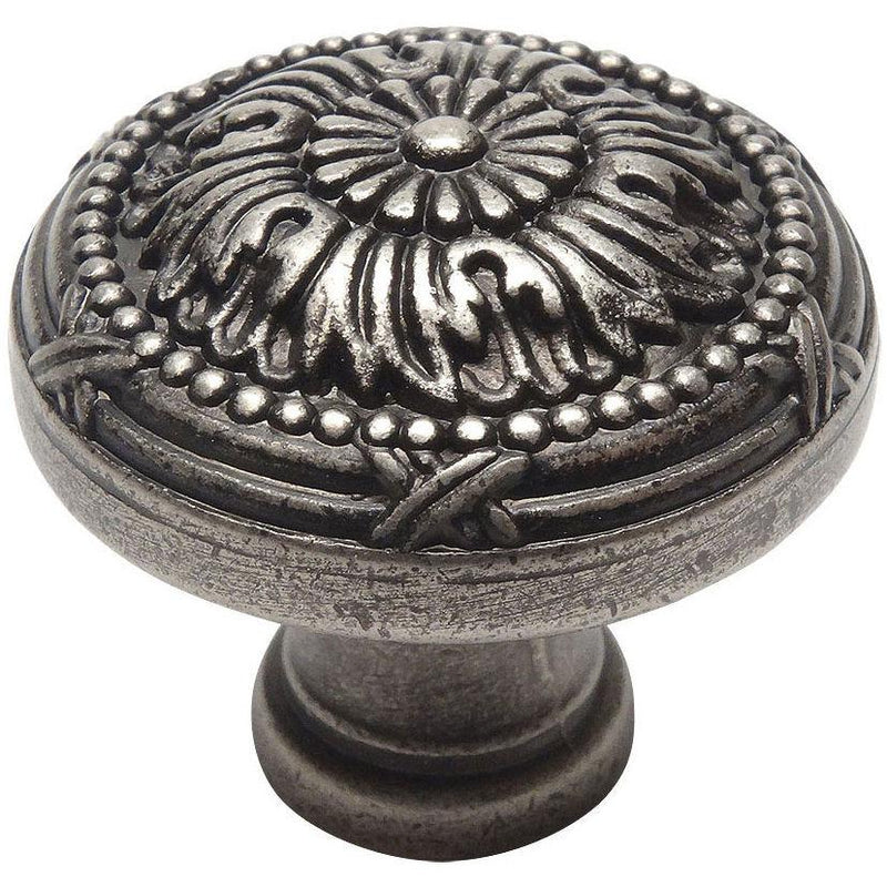 Classic engraving round cabinet knob in weathered nickel with one and a quarter inch diameter