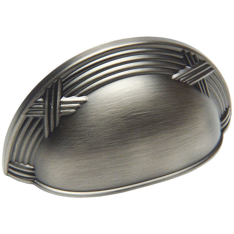 Cabinet cup pull in antique silver finish with engraved ridge on top