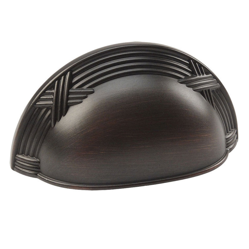 Oil rubbed bronze cabinet cup pull with the top engraved and three inch hole spacing