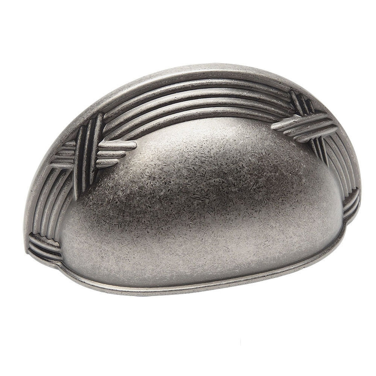 Cabinet cup pull in weathered nickel finish with the top engraved and three inch hole spacing