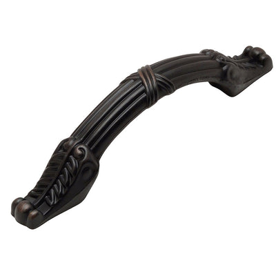 Oil rubbed bronze cabinet pull with roman pattern and three inch hole spacing