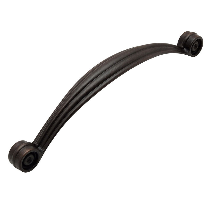 Cabinet pull in oil rubbed bronze finish with curly ends and five inch hole spacing
