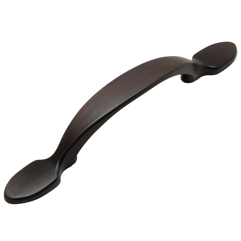 Three inch hole spacing handle pull in oil rubbed bronze finish with shovel shaped ends style