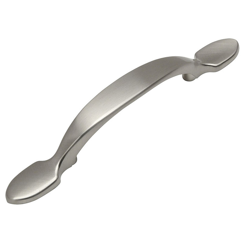Satin nickel cabinet pull with shovel shaped ends design and three inch hole spacing